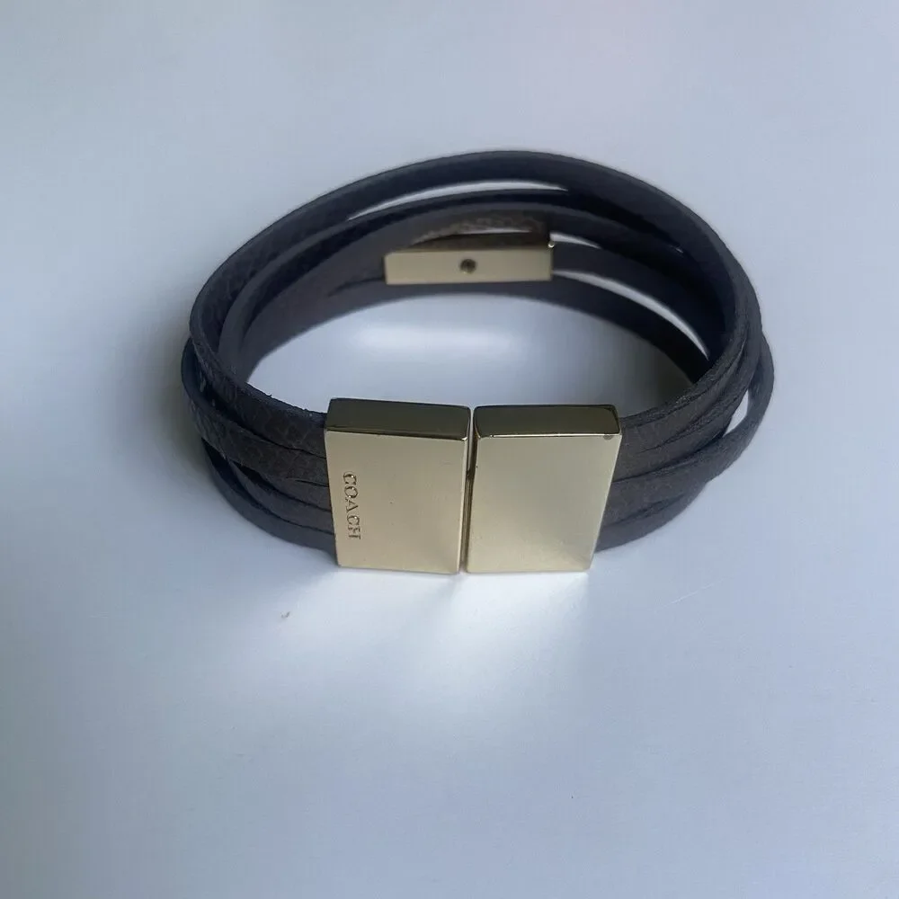 COACH Multi-Wrap Leather Bracelet Snakeskin-Embossed Metallic Gray Gold Hardware